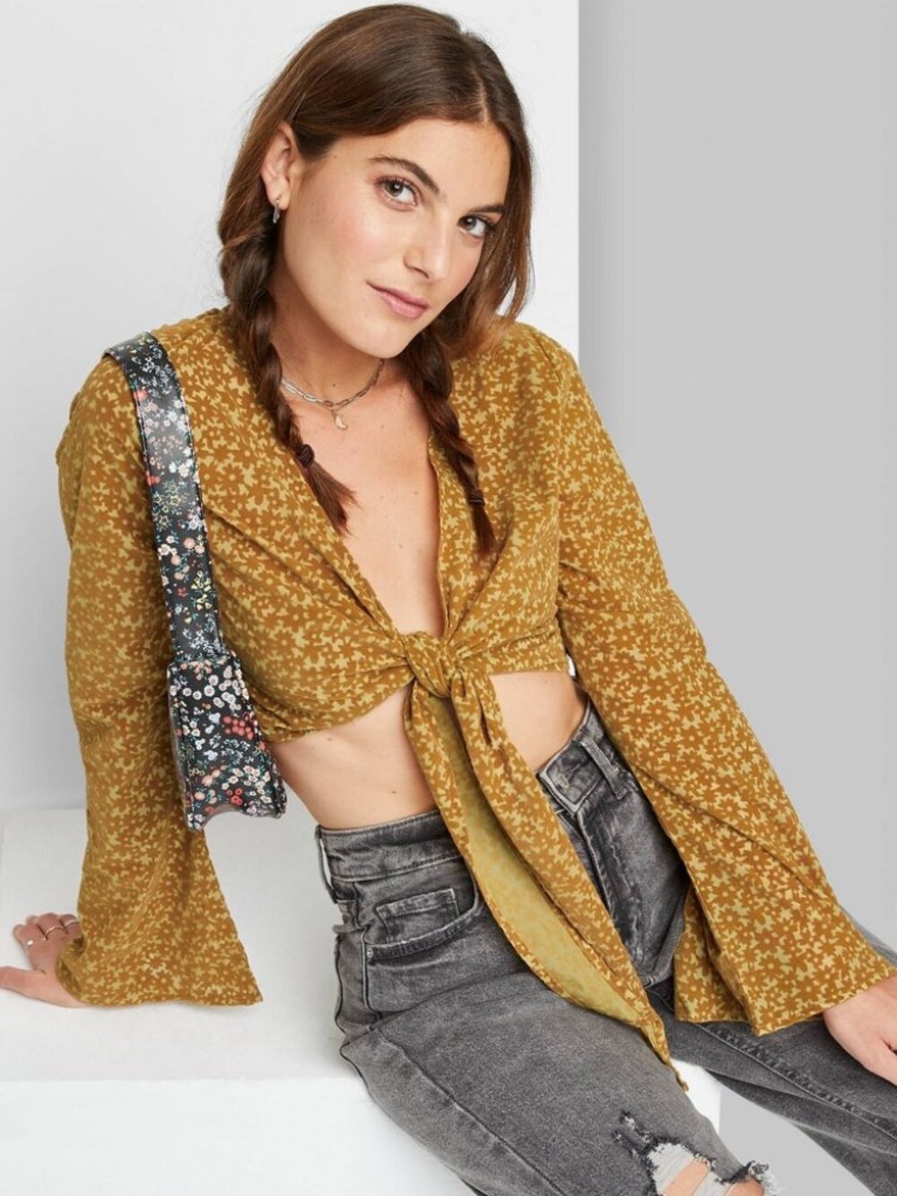 Wild Fable Women's Bell Long Sleeve Tie-Front Blouse in Mustard New With Tags Si